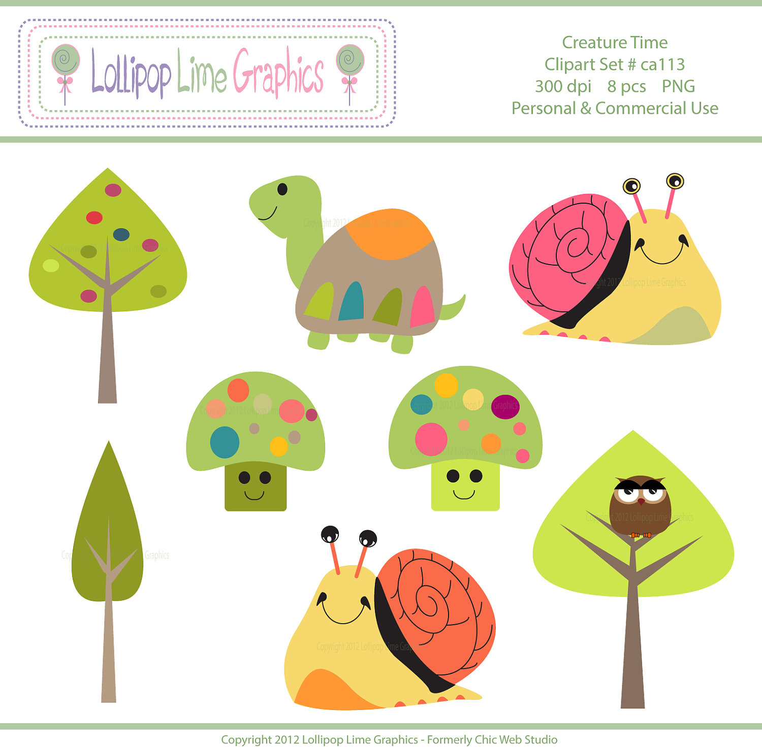 Cute Snail Turtle Tree Mushroom Owl Clipart Digital Clip Art.