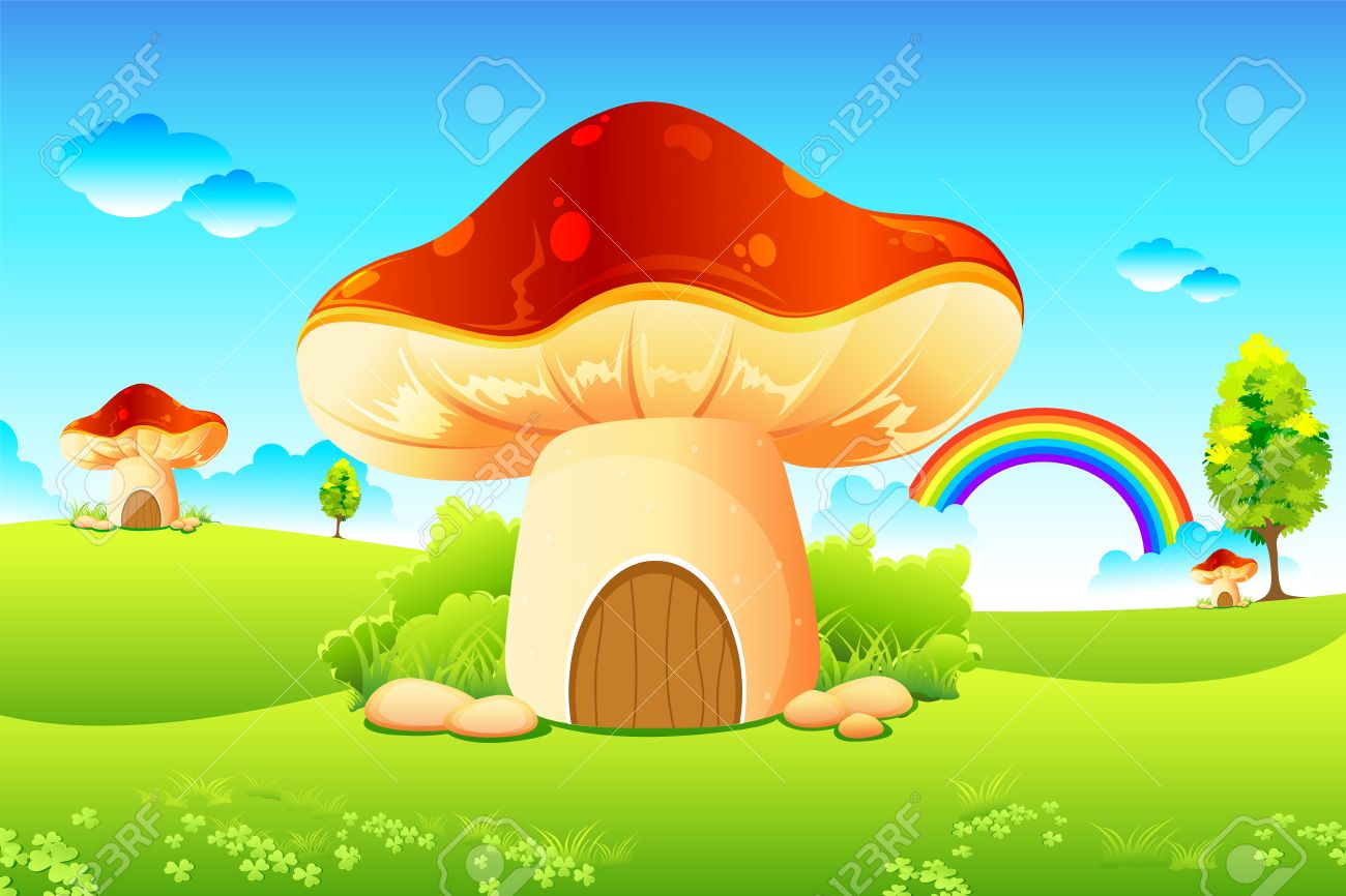 Illustration Of Mushroom Homes In Beautiful Meadow Royalty Free.