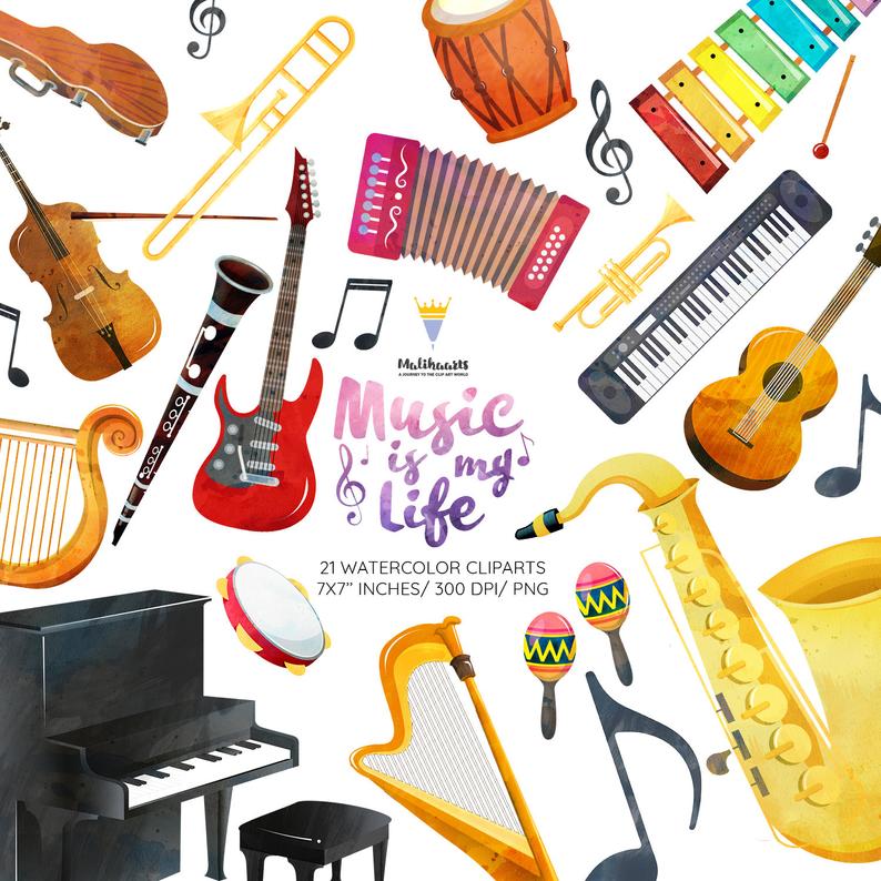 Musical instruments clipart, Music clipart, orchestra clipart, piano  clipart, music notes clipart, violin, guitar, Instant download, PNG.