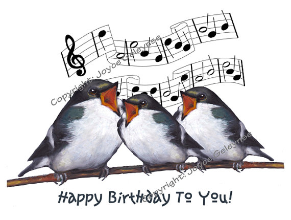 Printable Clip Art, Three Birds Singing Happy Birthday.