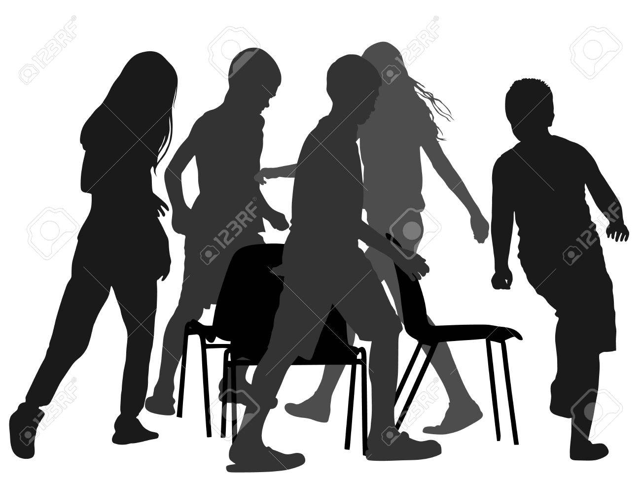 Children playing music chair game, vector silhouette illustration.