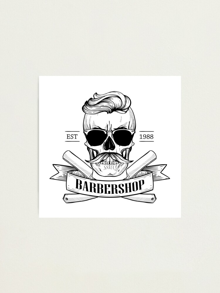 Barbershop logo, angry sticker with skull with a mustaches, hearcut,  sunglasses, a dangerous razor and a ribbon.