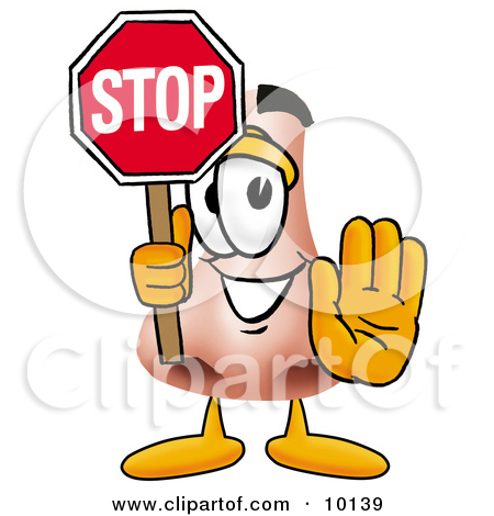 Clipart Picture of a Nose Mascot Cartoon Character Holding a Stop.