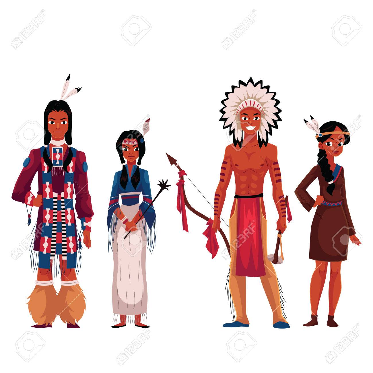 Set of native American Indians, men and women, in traditional...