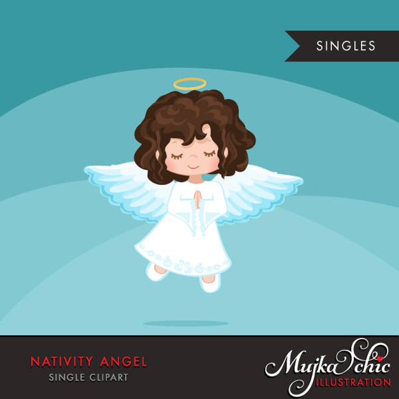 Nativity Angel Clipart. Christmas angel Brunette, holiday, illustration,  graphic, cute, character, religious, christian, holy, bible.