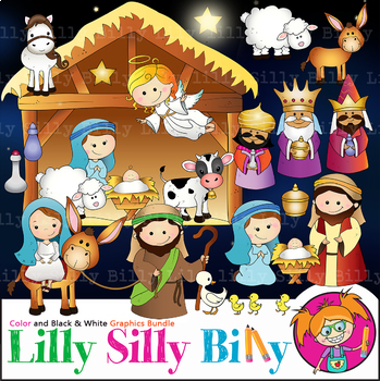 Nativity Clipart. BLACK AND WHITE & Color Bundle. {Lilly Silly Billy}.