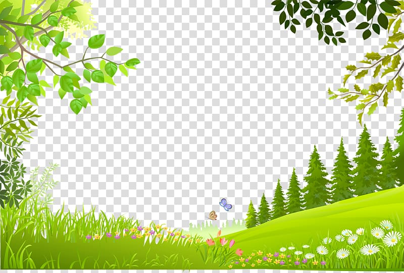 Nature Landscape, Cartoon trees plants green grass.