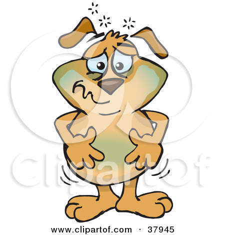 Clipart Illustration of a Nauseated Dog Turning Green And Holding.