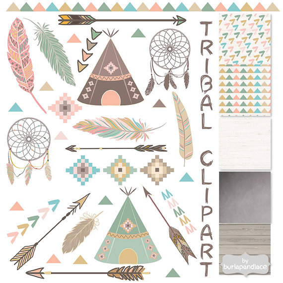 Tribal clipart and patterns, feathers, Teepee Tents, arrows.