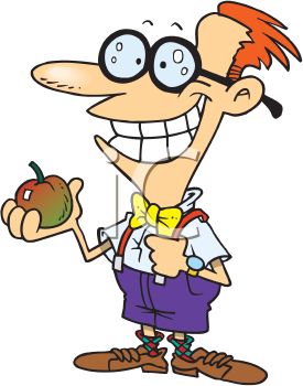 Cartoon nerd boy with glasses, bowtie and an Apple for teacher.