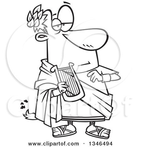 Lineart Clipart of a Cartoon Black and White Nero Fiddling with a.