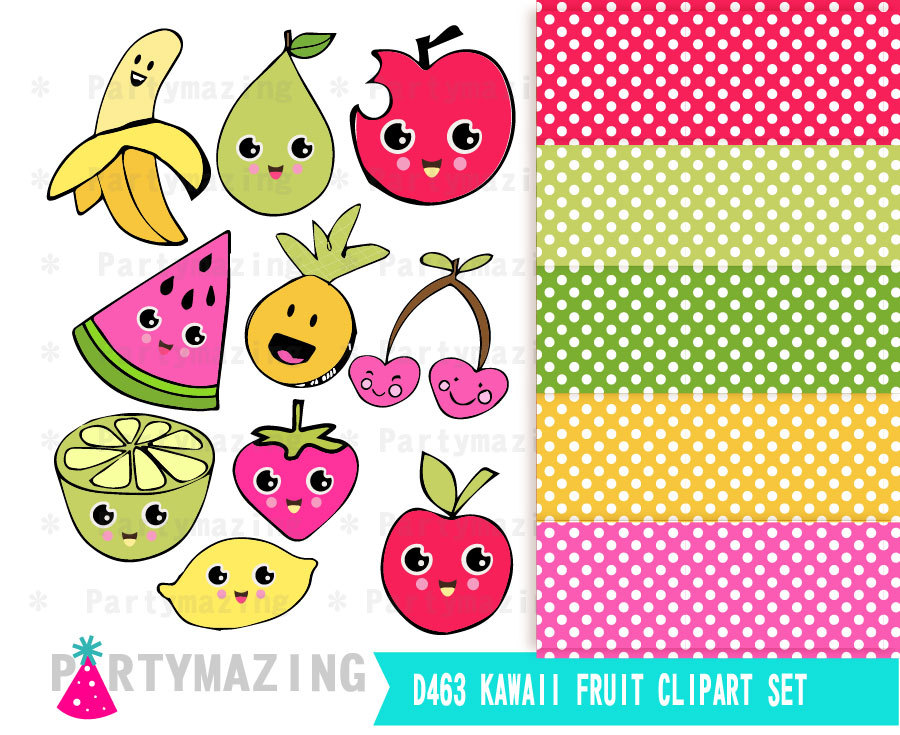 Fruit Clipart, Kawaii Fruit, dessert clipart, Digital Paper.