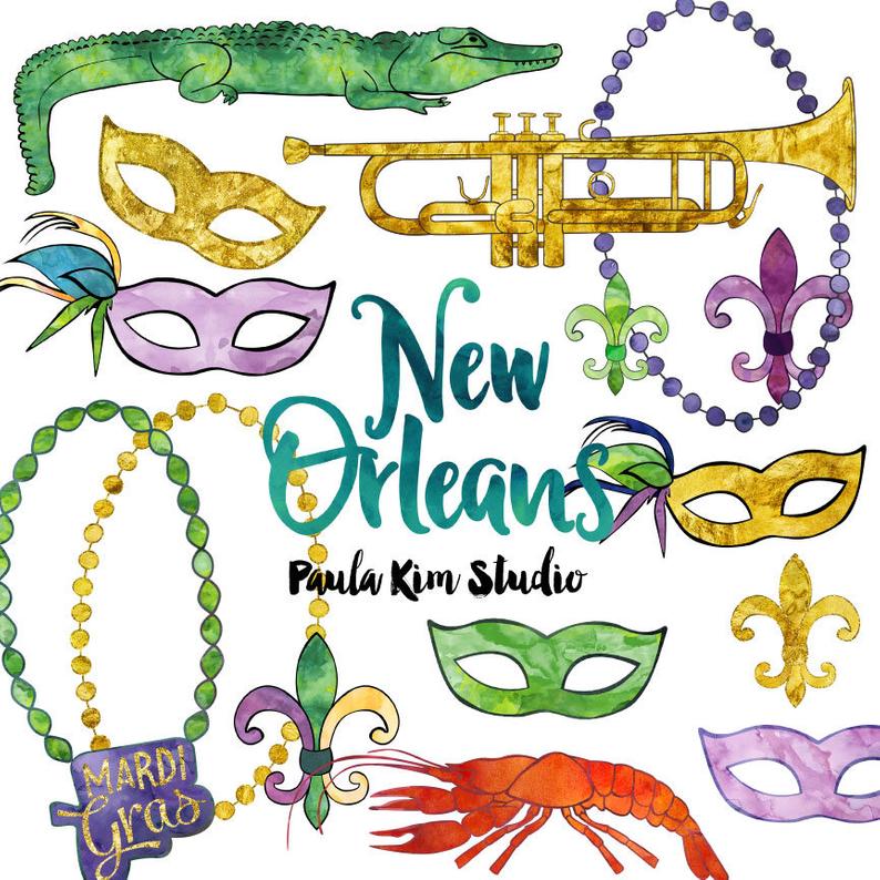 New Orleans Watercolor Mardi Gras Clip Art, Commercial Use Clipart,  Watercolor Clipart, New Orleans Digital Images.