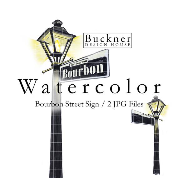 WATERCOLOR Bourbon Street Sign Clipart.