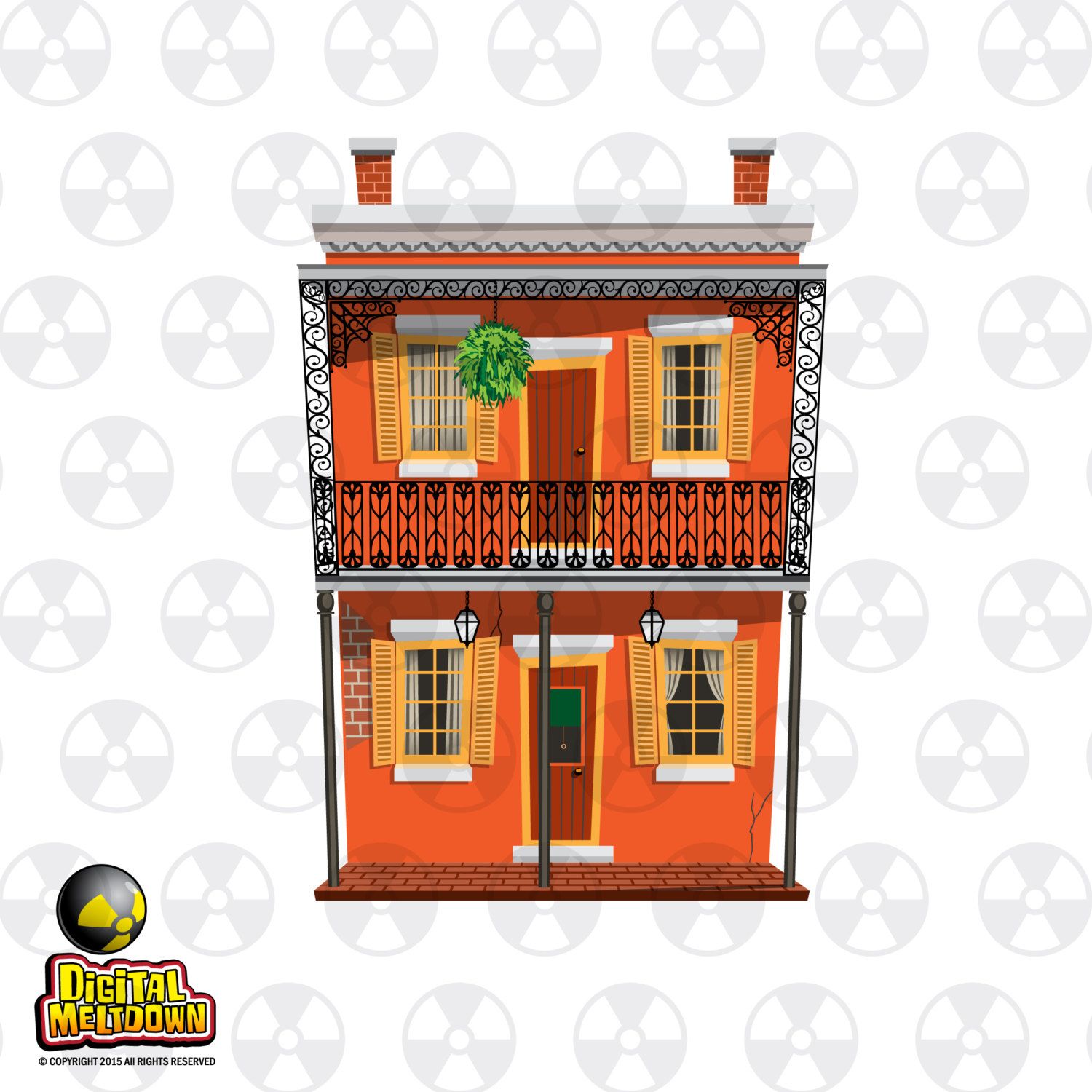 New Orleans Vector Clipart, French Quarter 2 Story Building.