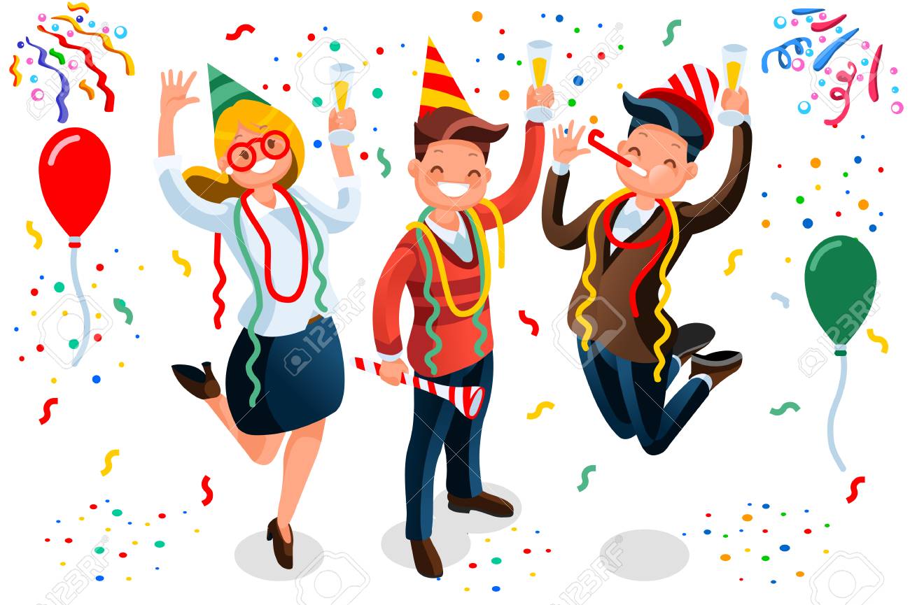 New Year bash. People celebrating party vector illustration.