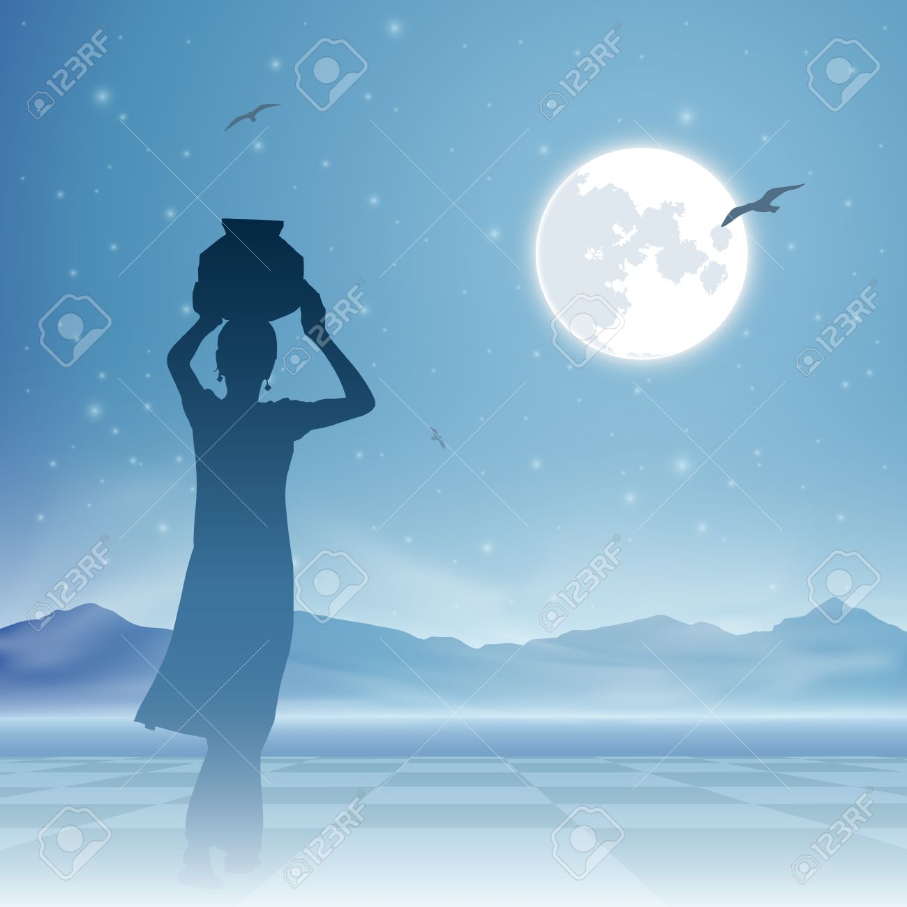 An Indian Girl Carrying Water Jug With Moon And Night Sky Royalty.
