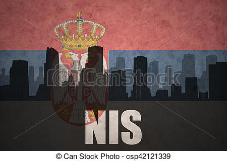 Drawings of abstract silhouette of the city with text Nis at the.