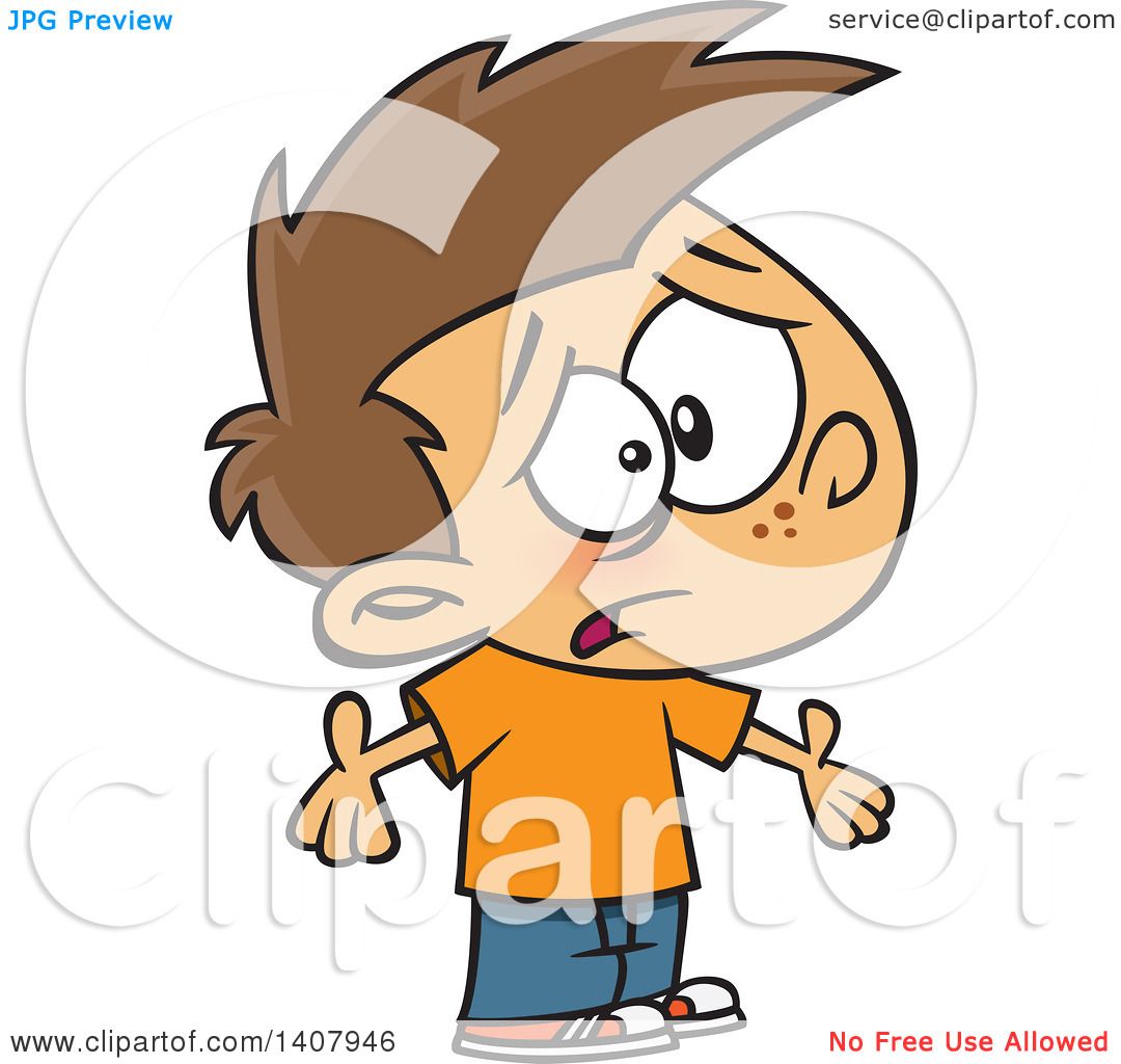 Clipart of a Cartoon Whining Caucasian Boy Shrugging and Asking.