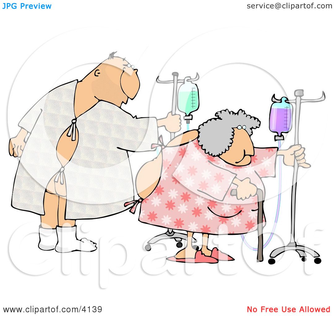 Hospitalized Man and Woman Walking with an IV Drip Clipart by.