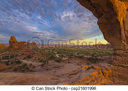 Stock Photographs of Turret Arch through North Window at sunrise.