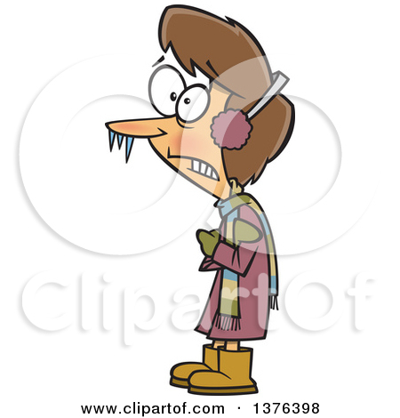 Clipart of a Cartoon Brunette White Woman with Icicles on the Tip.