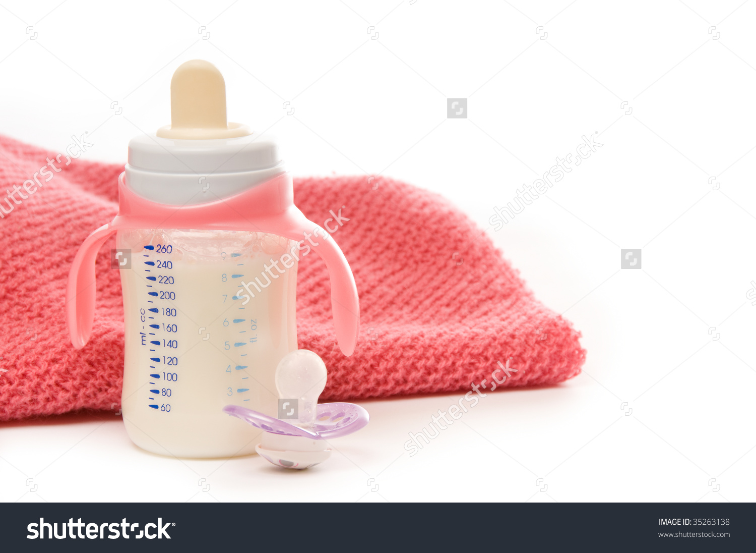 Baby Bottle Milk Pacifier Pink Blanket Stock Foto 35263138.