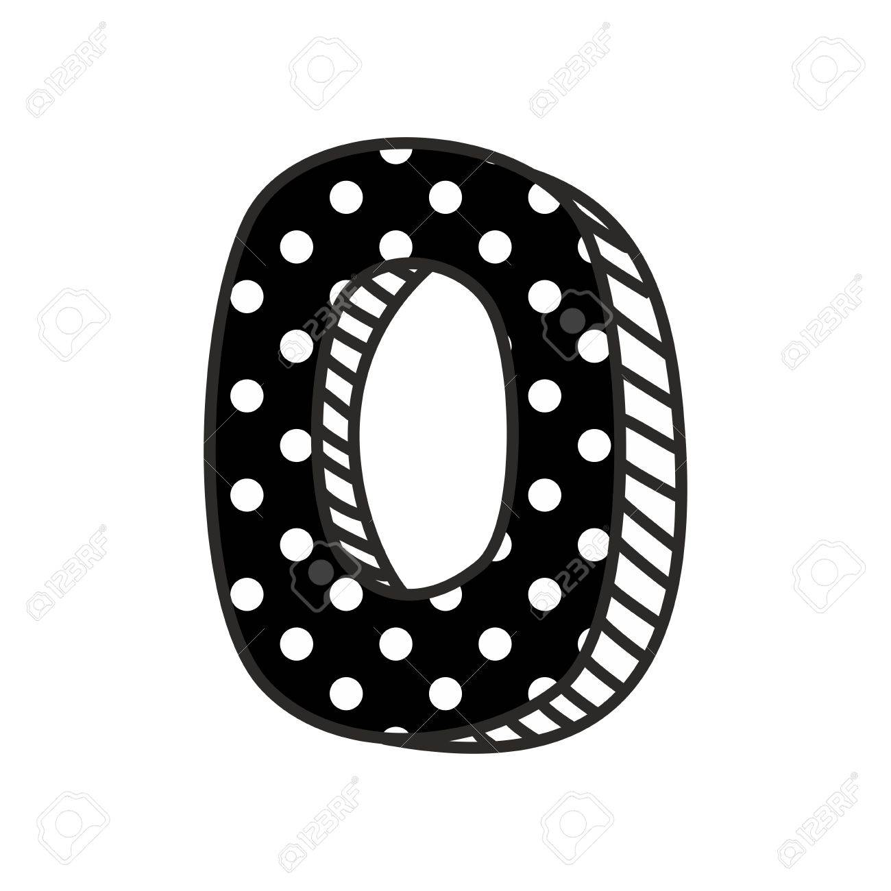 Hand drawn number 0 with white polka dots on black, isolated...