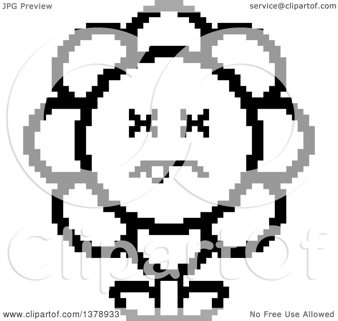 Clipart of a Black and White Dead Daisy Flower Character in 8 Bit.
