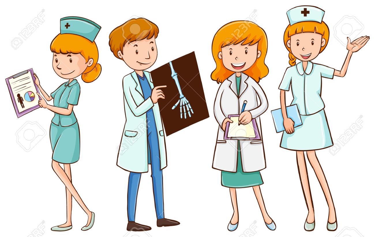 Doctors and nurses with patient files illustration.