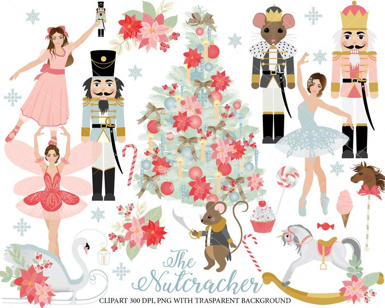 Nutcracker Ballet Clipart set, ballerinas, sugarplum fairy, Christmas tree,  candy, rocking horse, candy cane, pastel, winter.