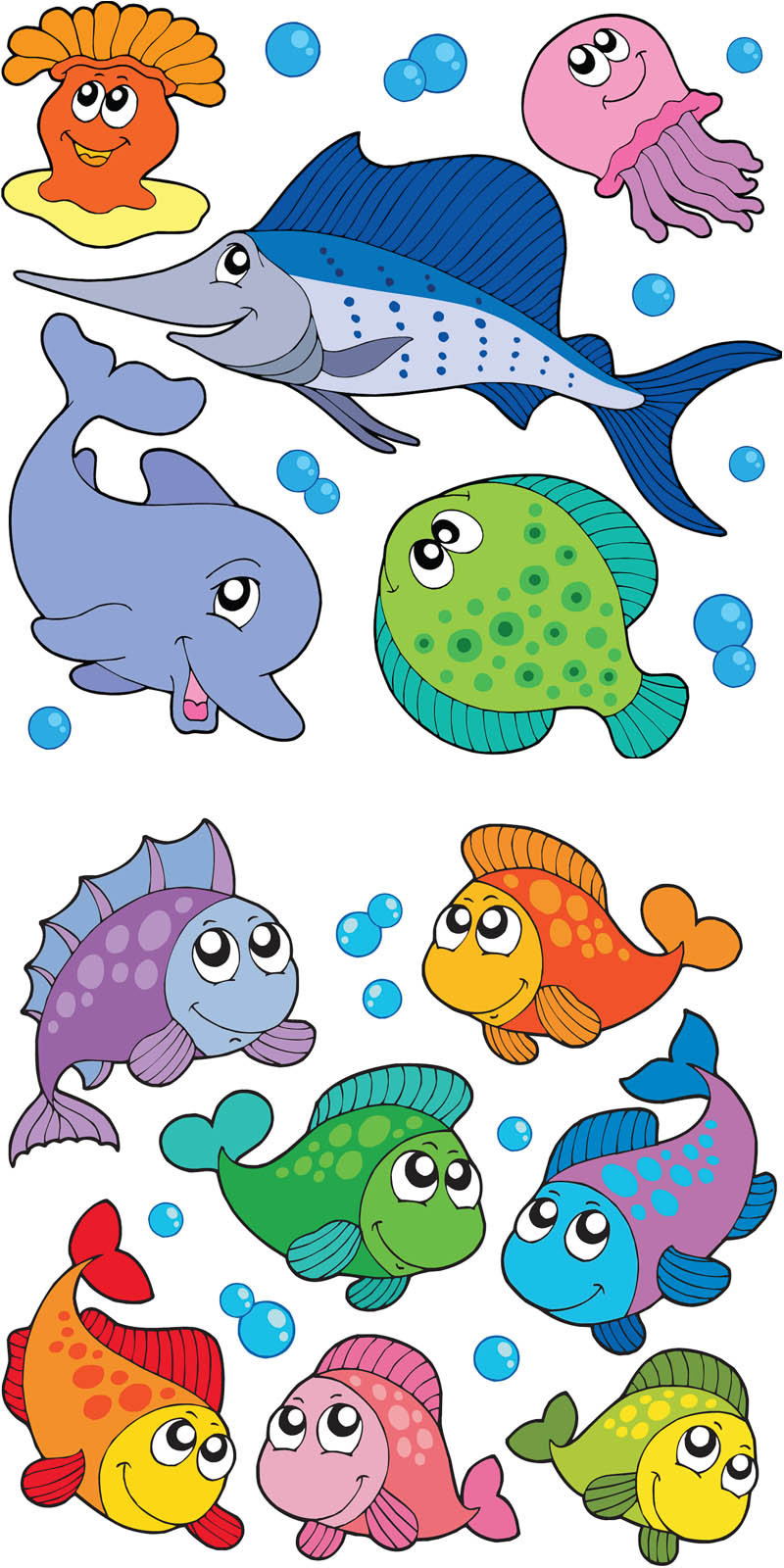 Set of 12 colorful vector cartoon fishes templates (cartoon.