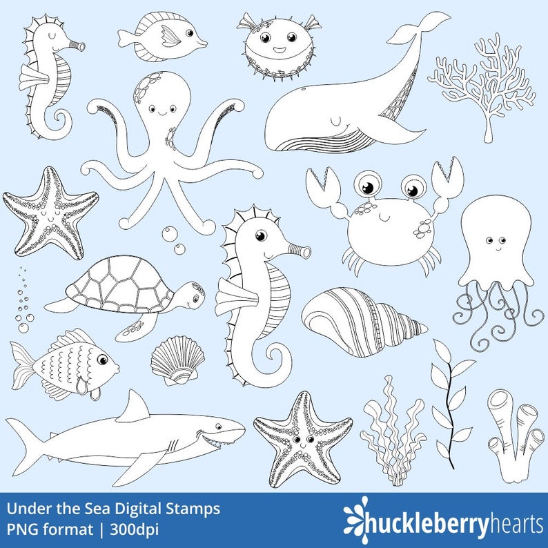 Under the Sea Clipart, Ocean Clipart, Fish Clipart, Seahorse Clipart, Black  and White, Digital Stamps, Printable, Commercial Use.