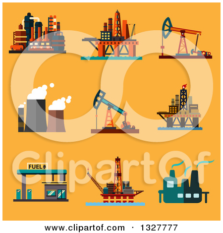 Clipart of Flat Design Offshore Oil Platforms, Oil Pump Jacks, Oil.