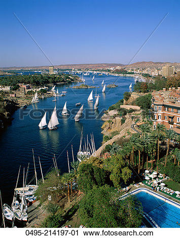 Stock Photography of Egypt, Aswan, Nile River, Feluccas on the.