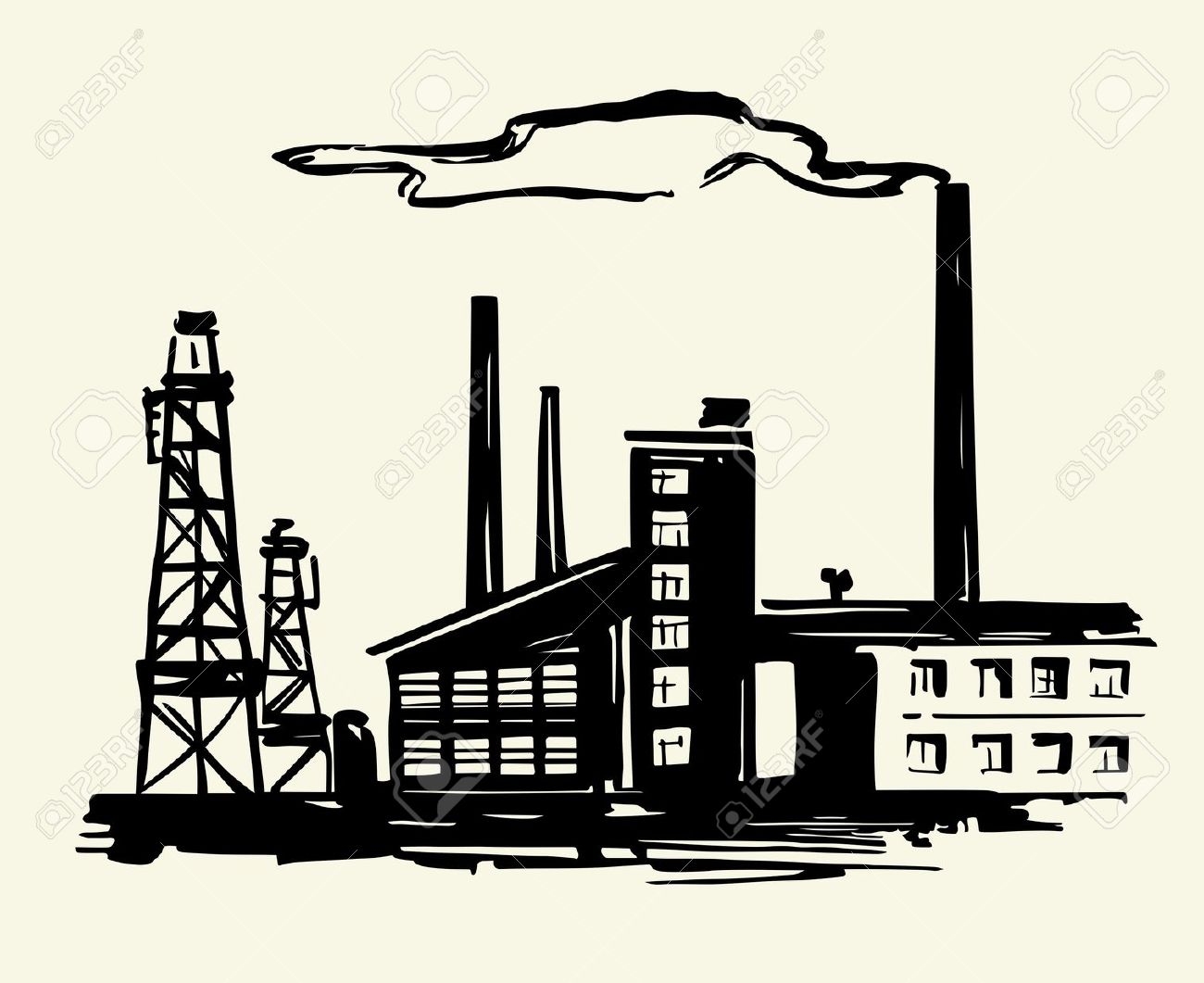 Factory building with smoke stacks clipart.