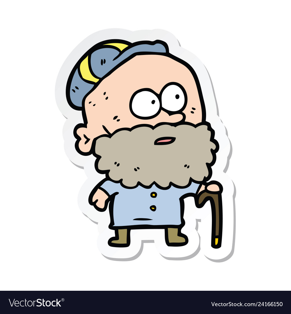 Sticker of a cartoon old man with walking stick.