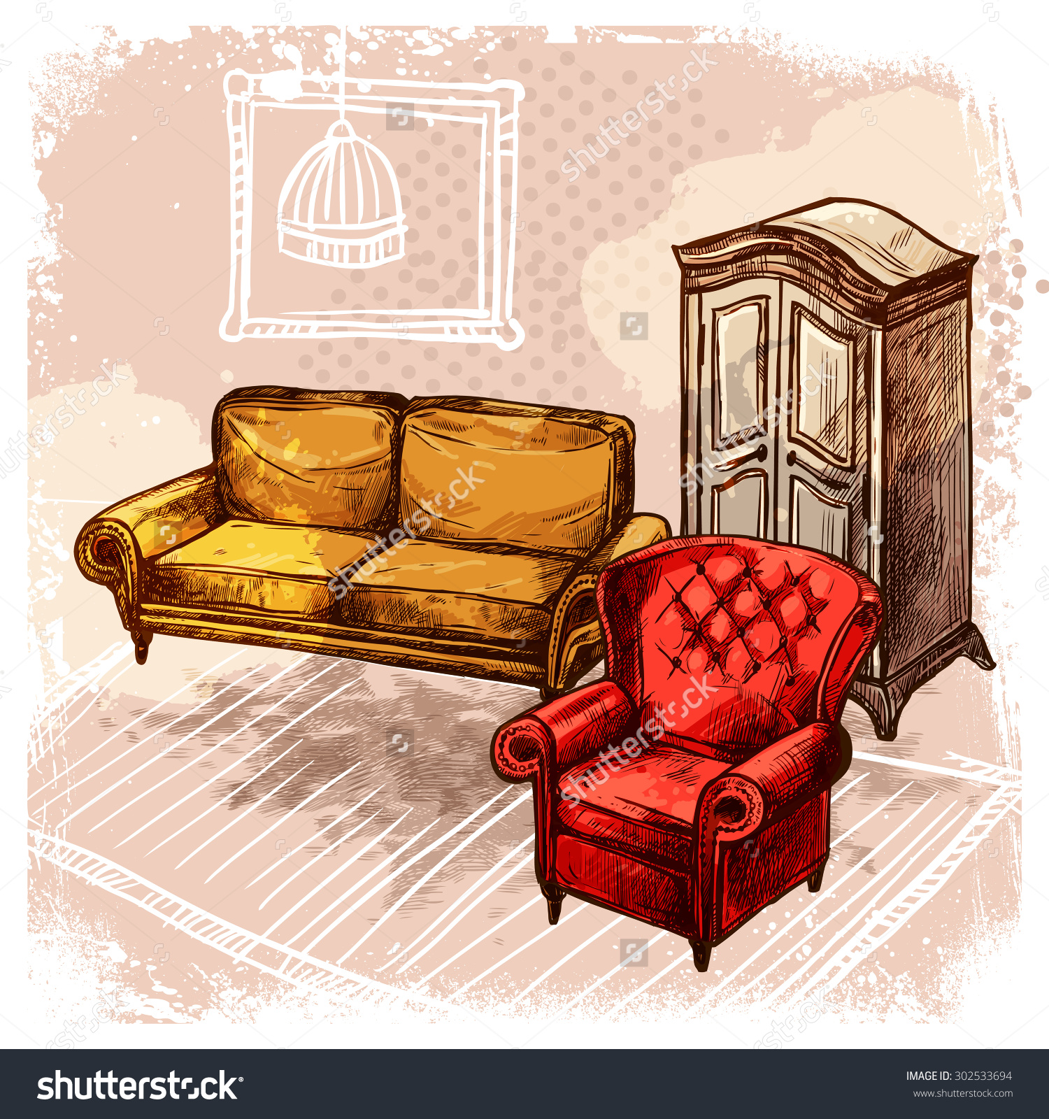 Retro Room Interior With Old Style Sketch Furniture Vector.