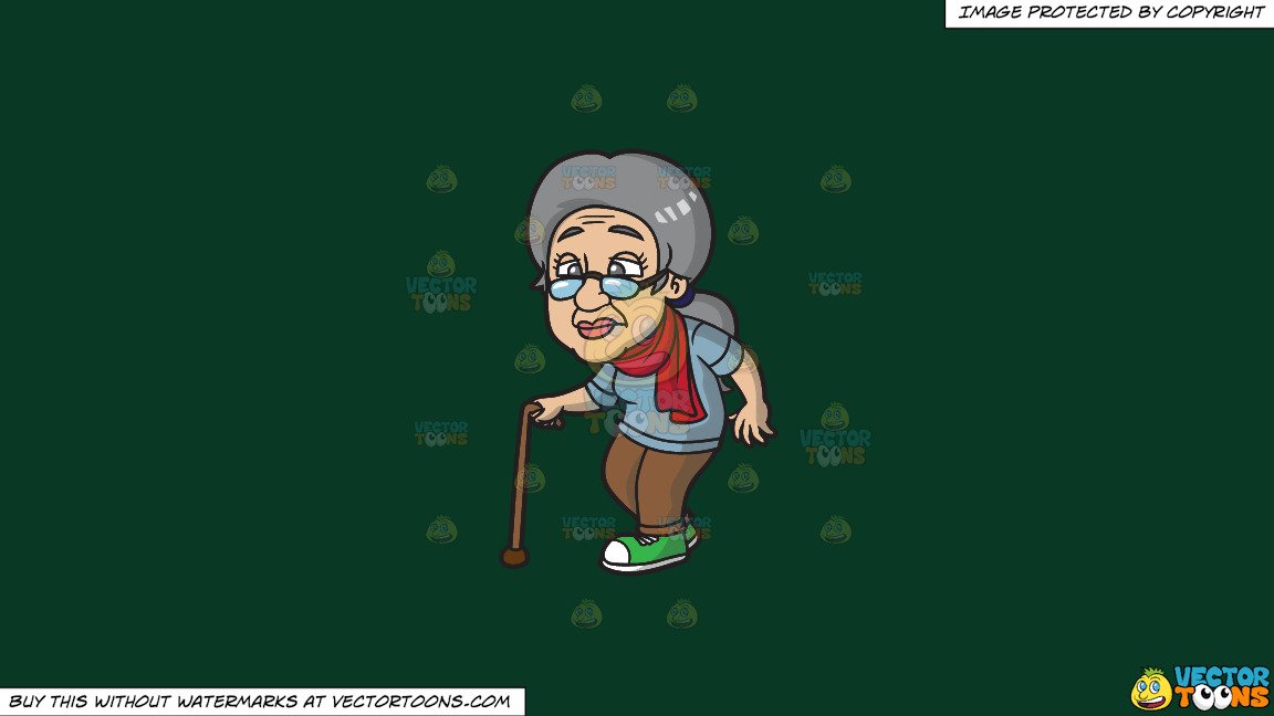 Clipart: A Frail Old Woman Walking With A Cane on a Solid Dark Green 093824  Background.