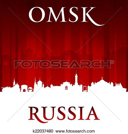 Clipart of Omsk Russia city skyline silhouette red background.