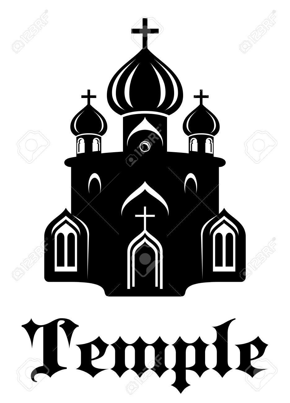 Black And White Silhouette Of Christian Temple Or Church With.