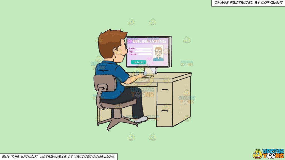 Clipart: A Man Editing His Online Dating Profile On A Desktop Computer on a  Solid Tea Green C2Eabd Background.
