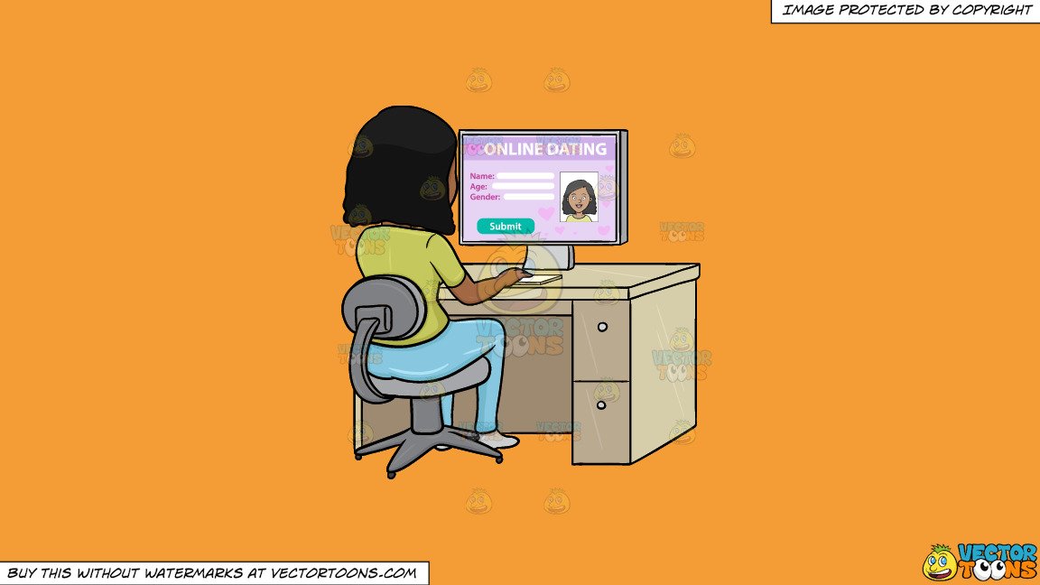 Clipart: A Black Woman Editing Her Online Dating Profile On A Desktop  Computer on a Solid Deep Saffron Gold F49D37 Background.