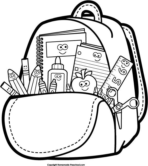 Back to School Clipart Black and White Backpack.