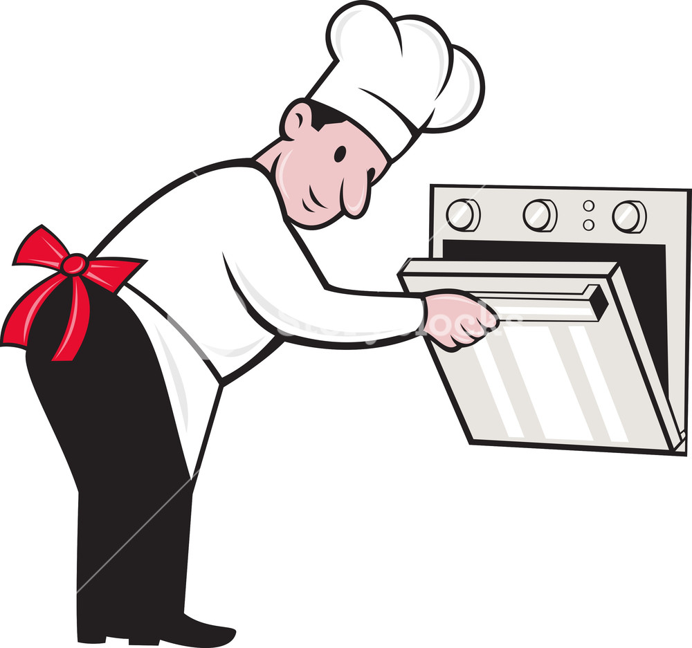 Cartoon Chef Baker Cook Opening Oven Royalty.