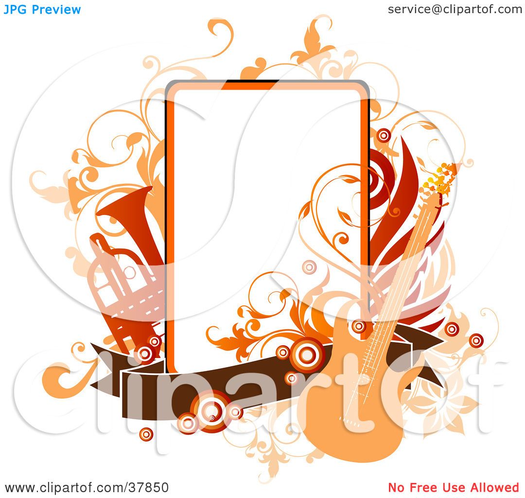 Clipart Illustration of a Guitar, Trumpet And Vines Around An.