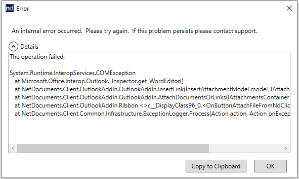 Error when inserting links in Outlook using ndOffice Attach.