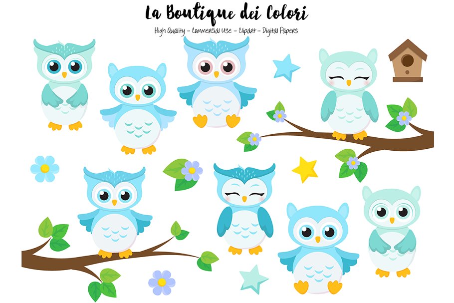 Cute Blue Baby Owls Clipart.