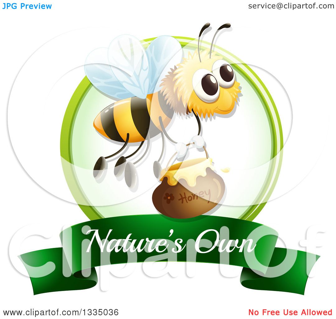 Clipart of a Bee with Honey on a Natures Own Label.