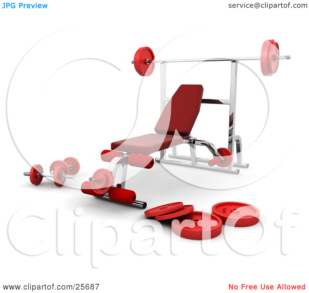 Clipart Illustration of a Chrome Bench Press Setup With Red.